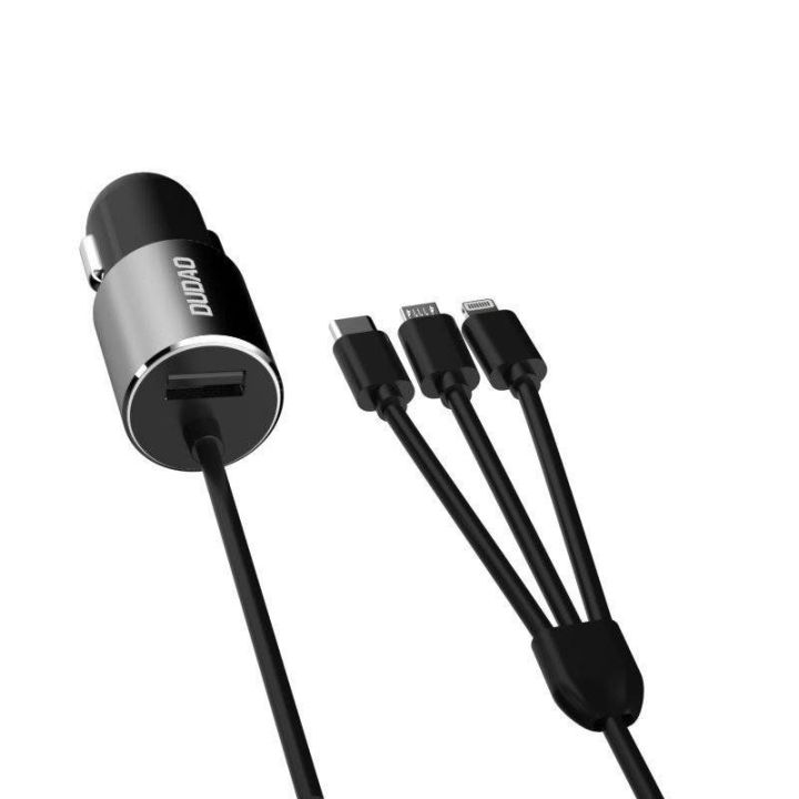3 1 USB automobilinis įkroviklis 3,4 A su integruotu Lightning / C tipo USB / mikro USB kabeliu, juodas (R5ProN juodas)