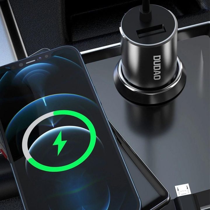 3 1 USB automobilinis įkroviklis 3,4 A su integruotu Lightning / C tipo USB / mikro USB kabeliu, juodas (R5ProN juodas)