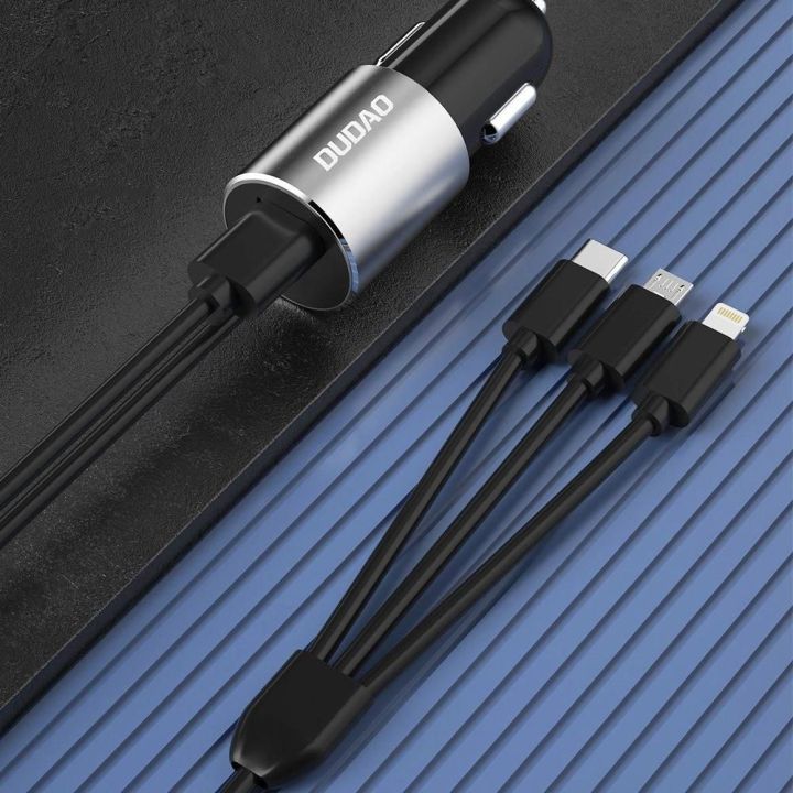 3 1 USB automobilinis įkroviklis 3,4 A su integruotu Lightning / C tipo USB / mikro USB kabeliu, juodas (R5ProN juodas)