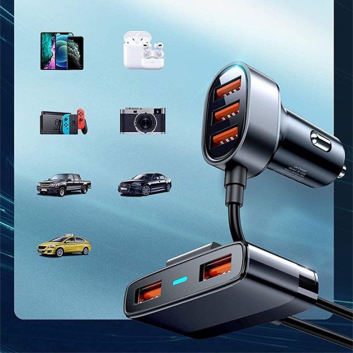 greitasis automobilinis įkroviklis 5x USB 6,2 A su ilginamuoju kabeliu, juodas (JR-CL03)