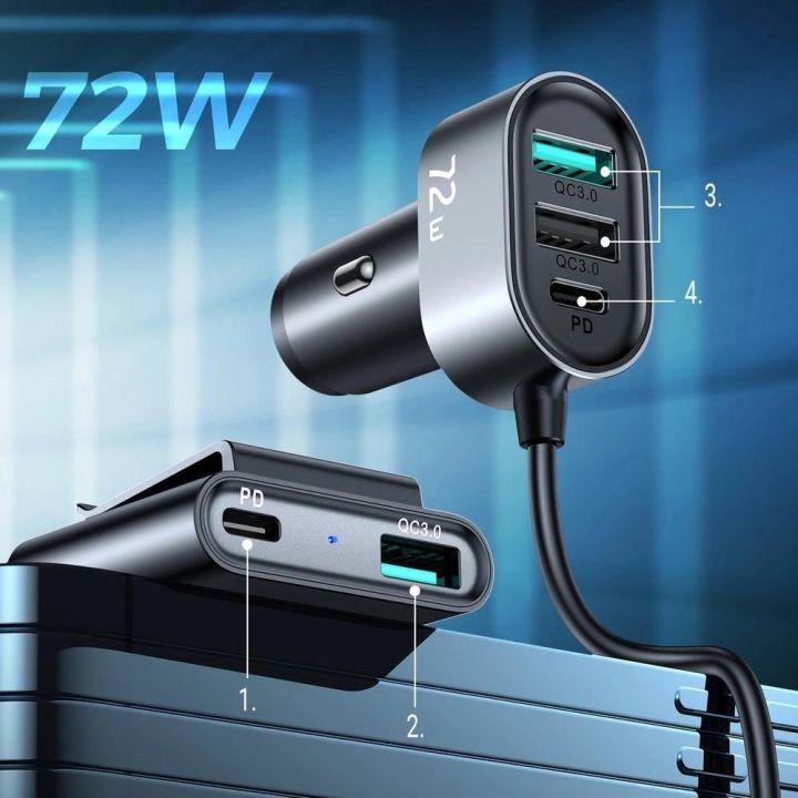 automobilinis įkroviklis 2xPD + 2xQC3.0 72W 1,5 m juodas (JR-CL05)