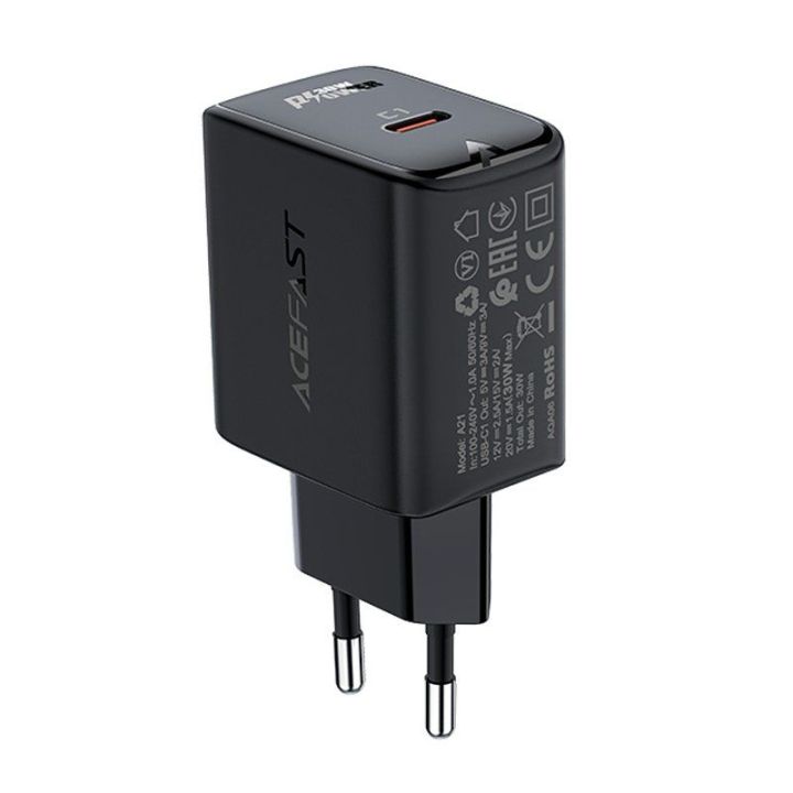 Acefast GaN USB C tipo tinklo įkroviklis 30 W, PD, QC 3.0, AFC, FCP juodas (A21 black)