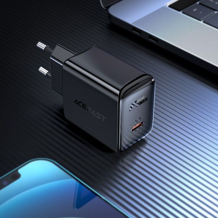 Acefast GaN USB C tipo tinklo įkroviklis 30 W, PD, QC 3.0, AFC, FCP juodas (A21 black)