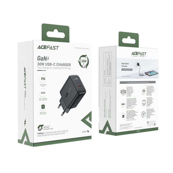 Acefast GaN USB C tipo tinklo įkroviklis 30 W, PD, QC 3.0, AFC, FCP juodas (A21 black)