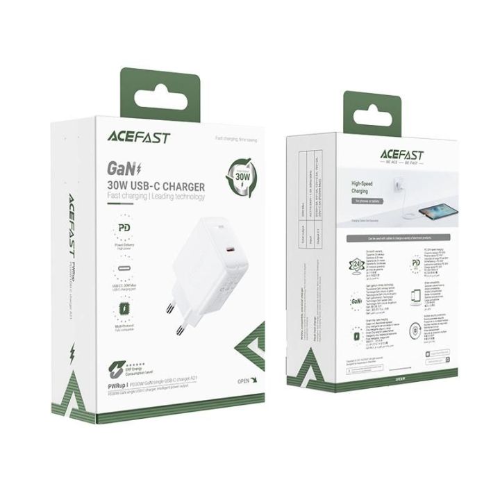 Acefast GaN USB C tipo tinklo įkroviklis 30 W, PD, QC 3.0, AFC, FCP, baltas (A21 baltas)