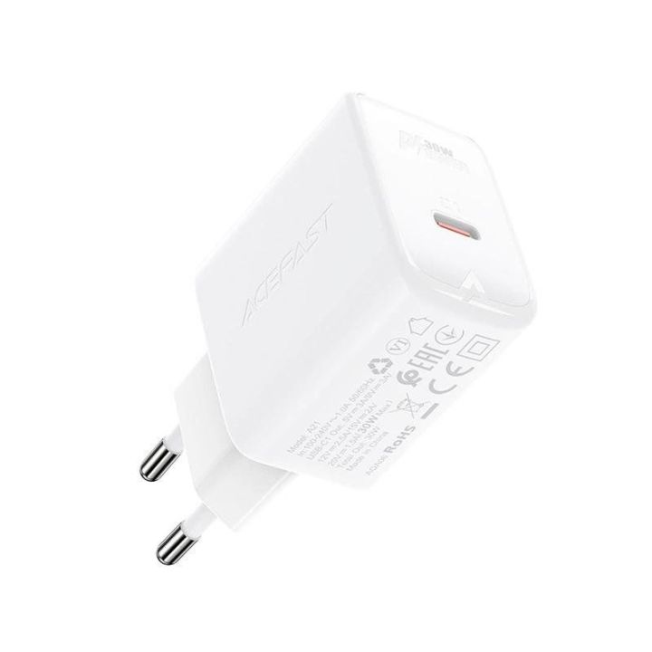 Acefast GaN USB C tipo tinklo įkroviklis 30 W, PD, QC 3.0, AFC, FCP, baltas (A21 baltas)