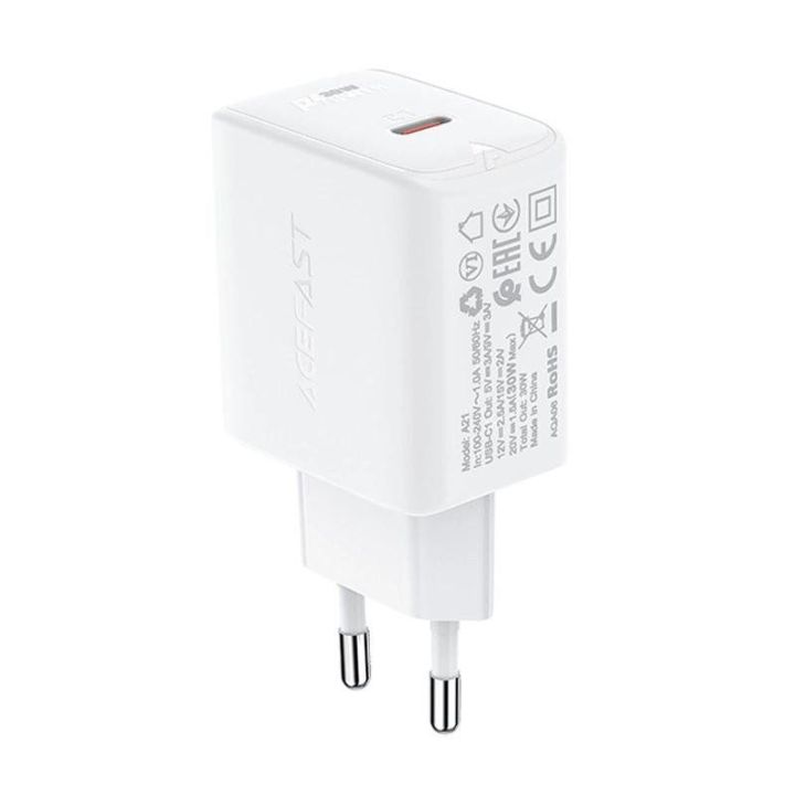 Acefast GaN USB C tipo tinklo įkroviklis 30 W, PD, QC 3.0, AFC, FCP, baltas (A21 baltas)