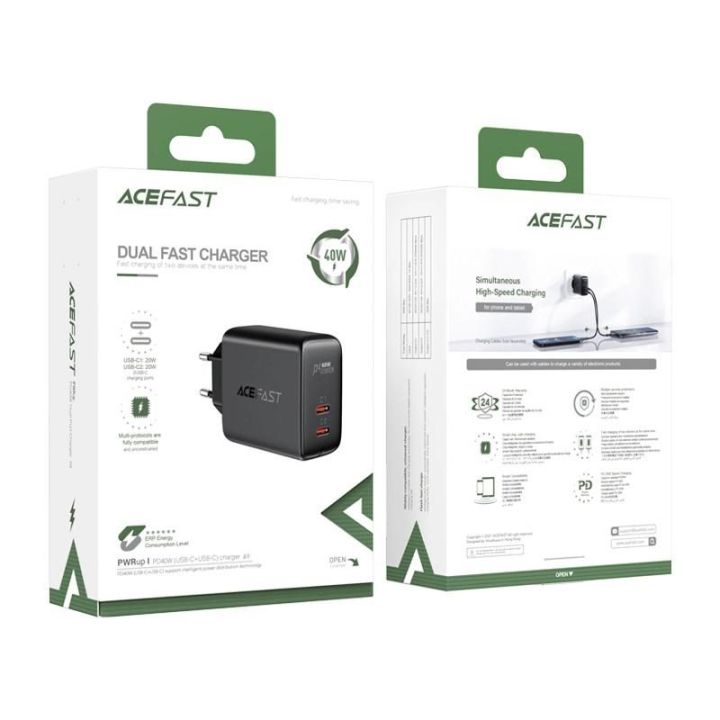Acefast tinklo įkroviklis 2x C tipo USB 40W, PPS, PD, QC 3.0, AFC, FCP juodas (A9 juodas)