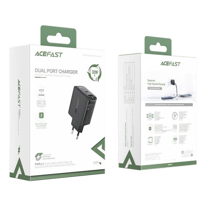 Acefast C tipo USB / USB 32 W tinklo įkroviklis, PPS, PD, QC 3.0, AFC, FCP juodas (A5 juodas)