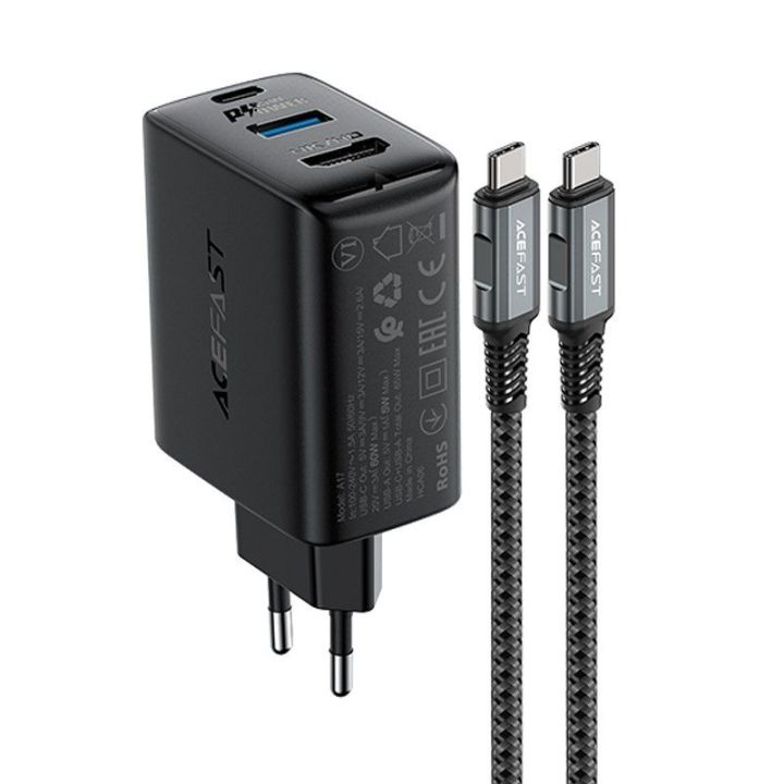 GaN Acefast A17 65W USB A įkroviklis, HDMI 4K 60Hz adapteris (kabelių rinkinys) - juodas