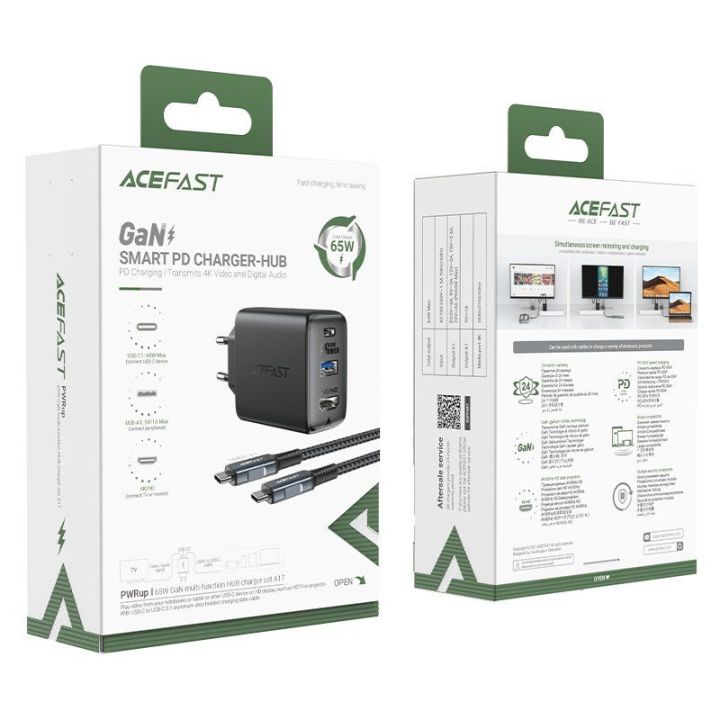 GaN Acefast A17 65W USB A įkroviklis, HDMI 4K 60Hz adapteris (kabelių rinkinys) - juodas