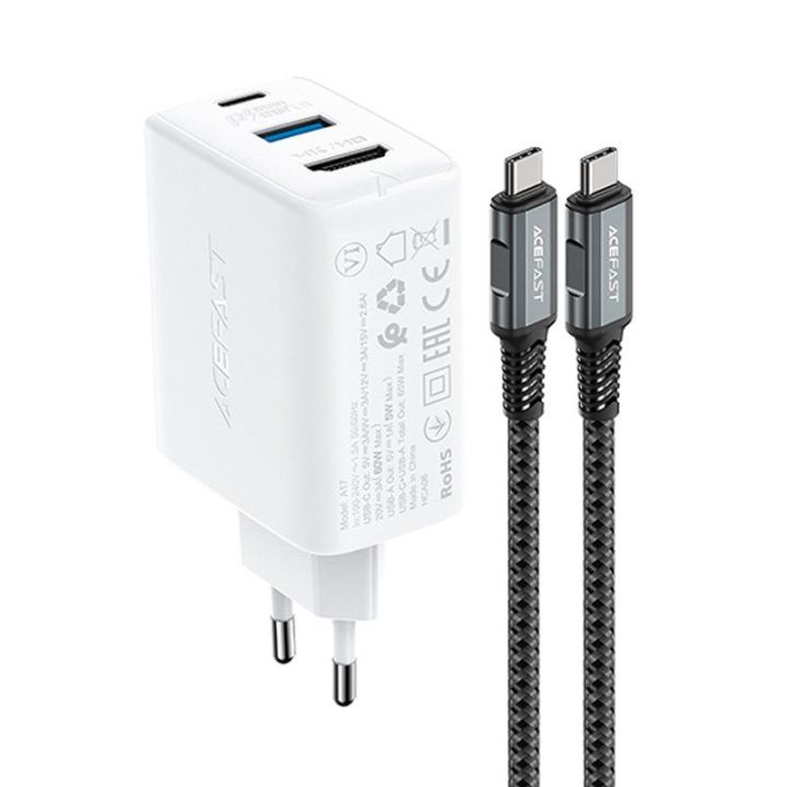 Acefast 2 1 GaN 65W C tipo USB / USB tinklo įkroviklis, HDMI 4K@60Hz adapteris (komplektas su kabeliu), baltas (A17 white)