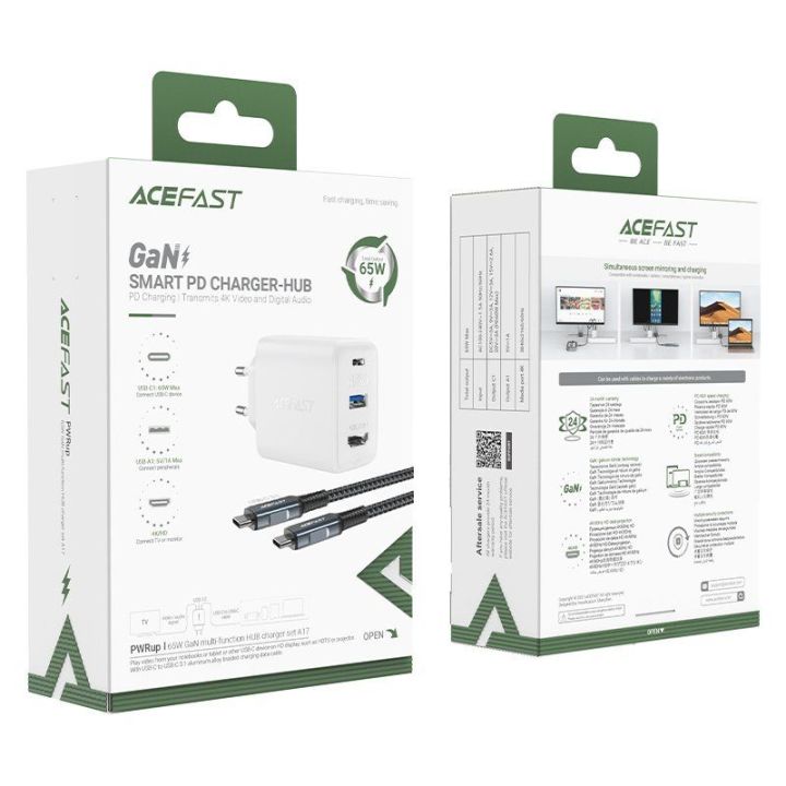 Acefast 2 1 GaN 65W C tipo USB / USB tinklo įkroviklis, HDMI 4K@60Hz adapteris (komplektas su kabeliu), baltas (A17 white)