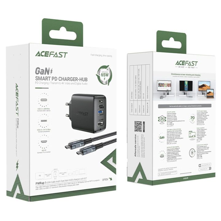 Acefast 2 1 GaN 65W C tipo USB / USB tinklo įkroviklis, HDMI 4K@60Hz adapteris (komplektas su kabeliu), baltas (A17 white)