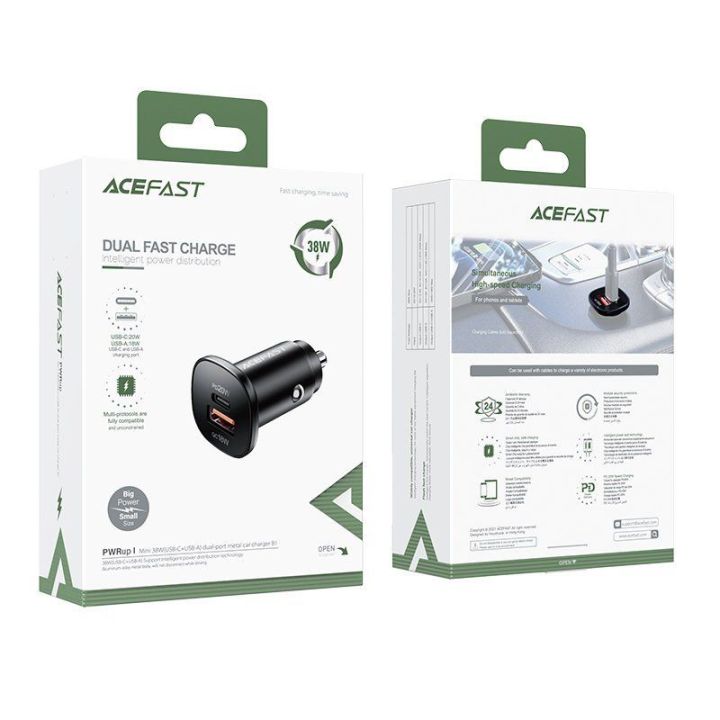 Acefast automobilinis įkroviklis 38W C tipo USB / USB, PPS, Power Delivery, Quick Charge 3.0, AFC, FCP juodas (B1 juodas)