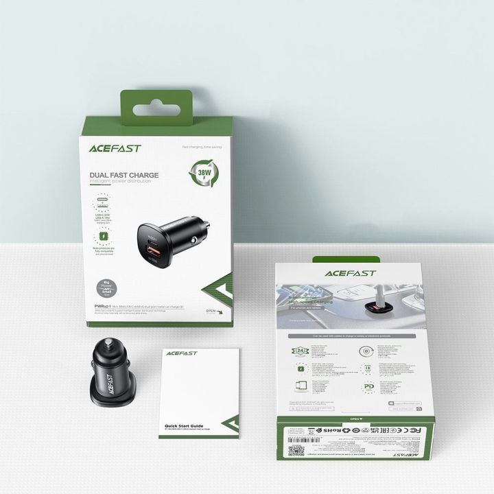 Acefast automobilinis įkroviklis 38W C tipo USB / USB, PPS, Power Delivery, Quick Charge 3.0, AFC, FCP juodas (B1 juodas)