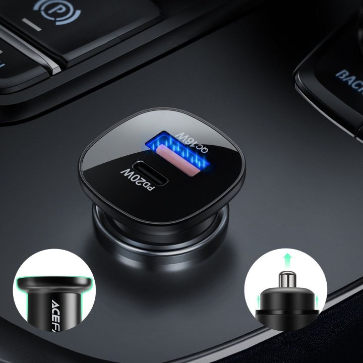 Acefast automobilinis įkroviklis 38W C tipo USB / USB, PPS, Power Delivery, Quick Charge 3.0, AFC, FCP juodas (B1 juodas)