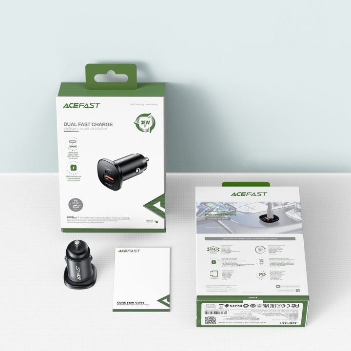 Acefast automobilinis įkroviklis 38W C tipo USB / USB, PPS, Power Delivery, Quick Charge 3.0, AFC, FCP juodas (B1 juodas)