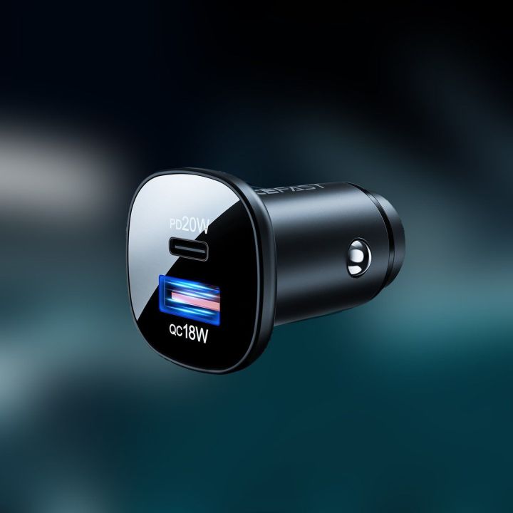 Acefast automobilinis įkroviklis 38W C tipo USB / USB, PPS, Power Delivery, Quick Charge 3.0, AFC, FCP juodas (B1 juodas)