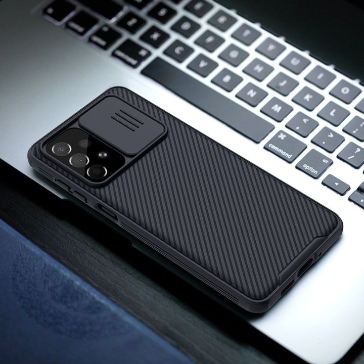 Nillkin CamShield Pro Case šarvuotas dėklas fotoaparato dangtelis Samsung Galaxy A73 mėlynas