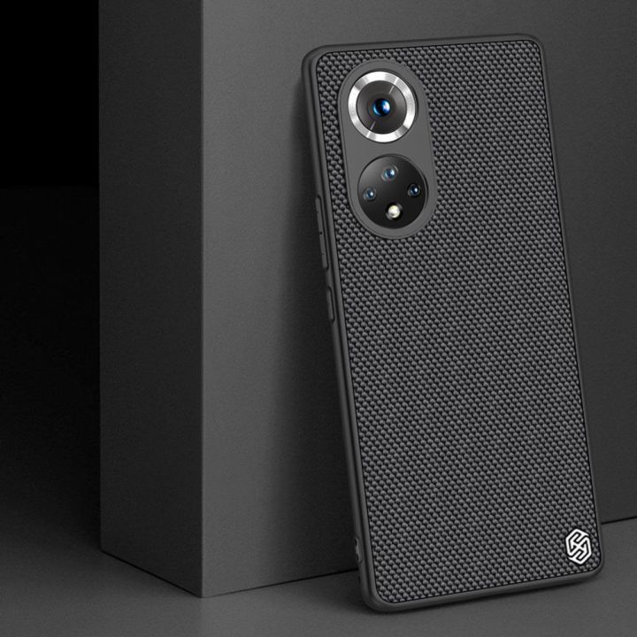 Nillkin Textured Case patvarus sustiprintas dėklas su gelio rėmeliu ir nailonine nugarėle Honor 50 Pro juodas