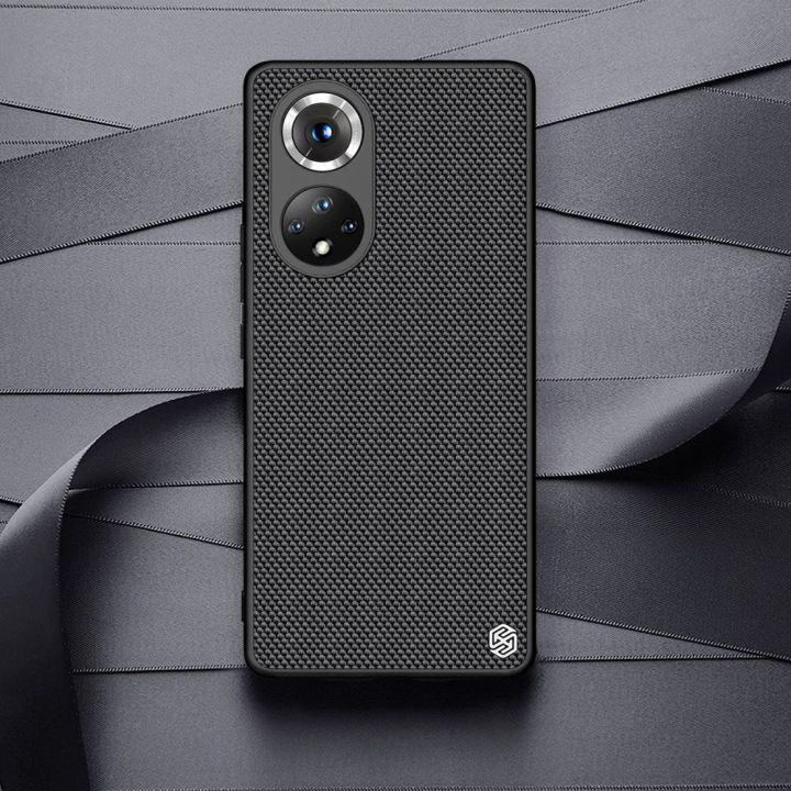Nillkin Textured Case patvarus sustiprintas dėklas su gelio rėmeliu ir nailonine nugarėle Honor 50 Pro juodas