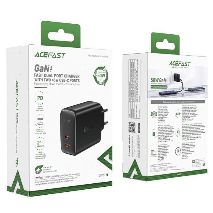 Acefast A29 PD50W GaN (USB C) dviejų prievadų įkroviklis, juodas