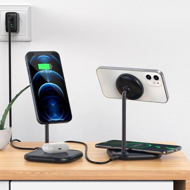 Acefast 15 W Qi belaidis įkroviklis iPhone (su MagSafe ) ir Apple AirPods stovo laikiklis magnetinis pilkas (E6 pilkas)