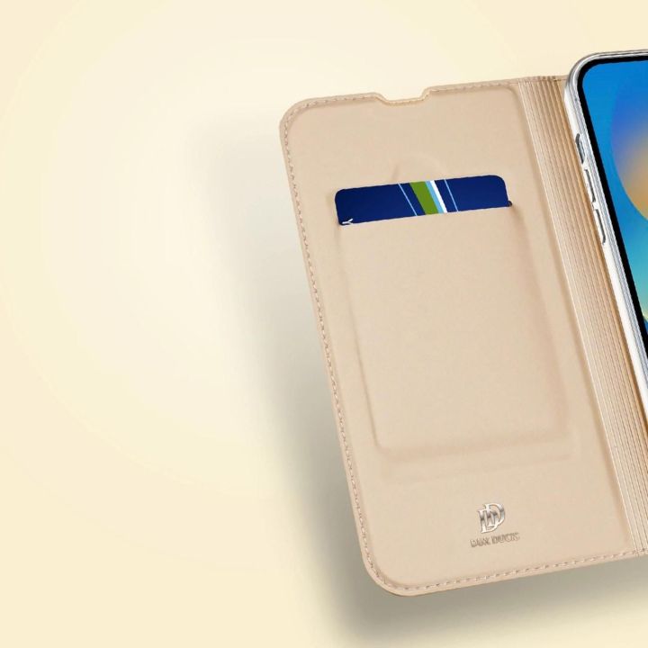 Skin Pro dėklas su atlenkiamuoju dangteliu iPhone 14 Pro auksinis
