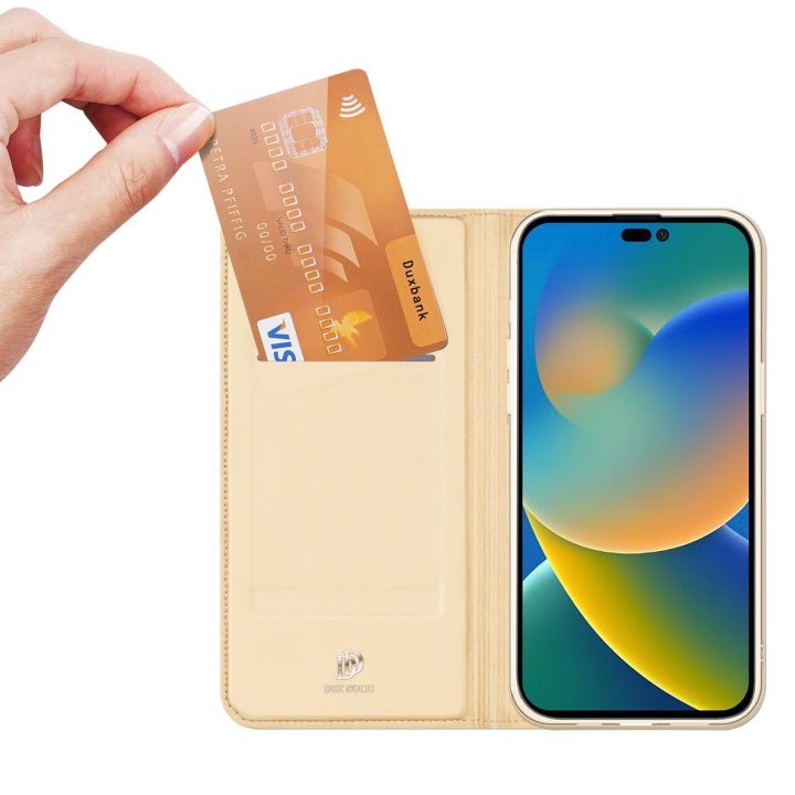 Skin Pro dėklas su atlenkiamuoju dangteliu iPhone 14 Pro Max auksinis