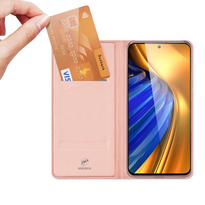 Skin Pro dėklas su atverčiamu dangteliu Xiaomi Poco F4 5G rožinės spalvos
