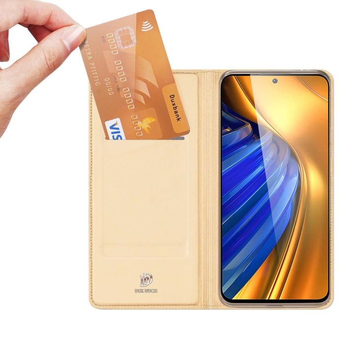 Skin Pro dėklas su atlenkiamuoju dangteliu Xiaomi Poco F4 5G auksinis