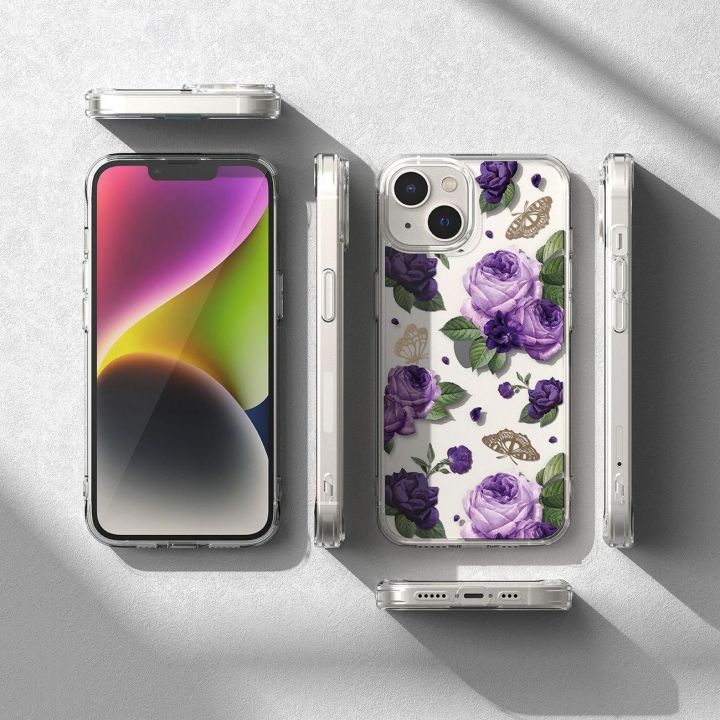 Ringke Fusion Design šarvuotas dėklas su geliniu rėmeliu iPhone 14 Plus , skaidrus (Purple rose) (FD637E29)