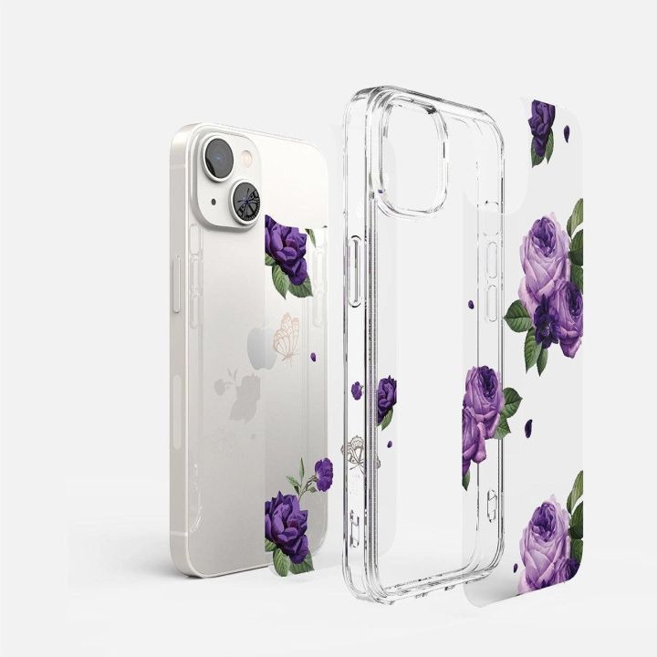 Ringke Fusion Design šarvuotas dėklas su geliniu rėmeliu iPhone 14 Plus , skaidrus (Purple rose) (FD637E29)