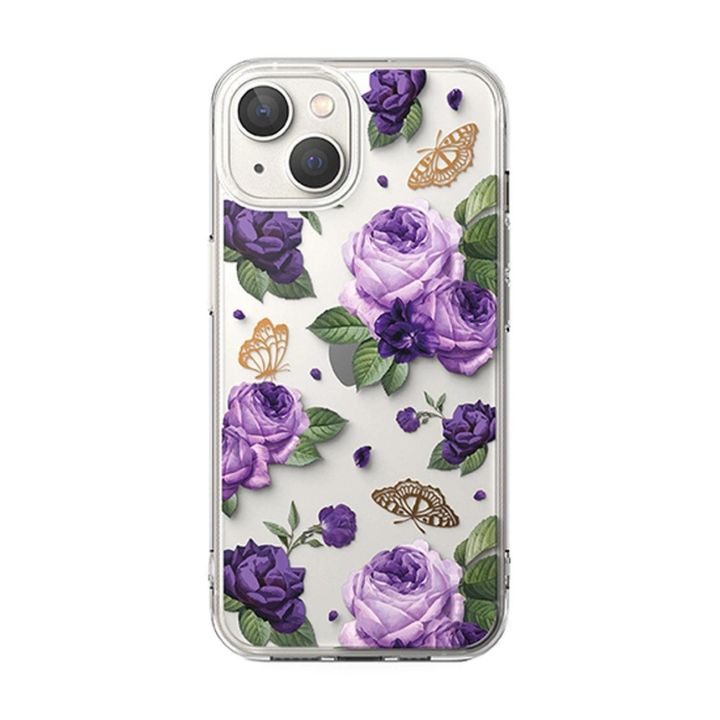 Ringke Fusion Design šarvuotas dėklas su geliniu rėmeliu iPhone 14 Plus , skaidrus (Purple rose) (FD637E29)