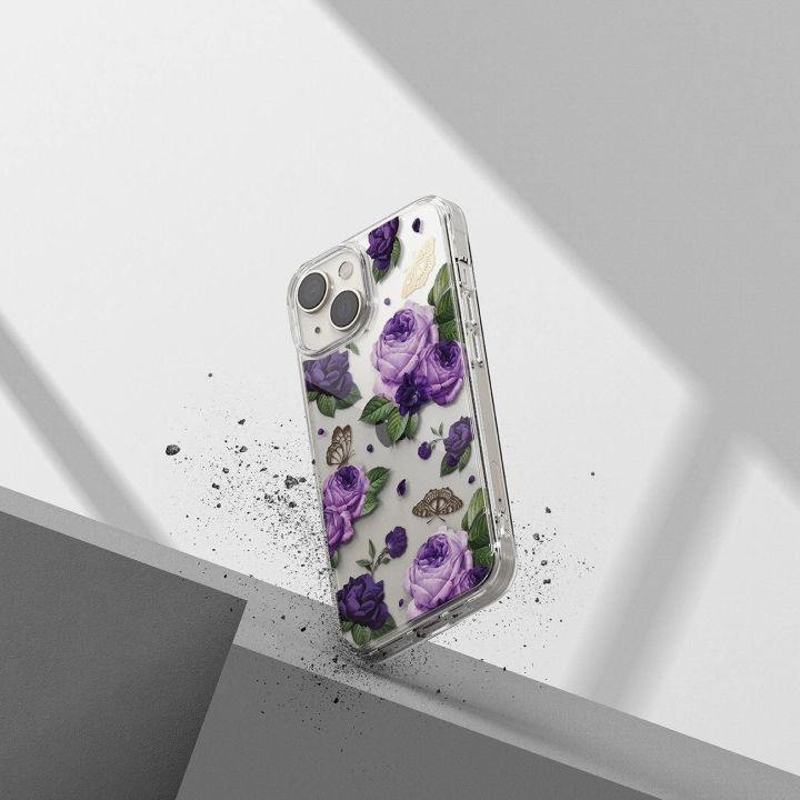 Ringke Fusion Design šarvuotas dėklas su geliniu rėmeliu iPhone 14 Plus , skaidrus (Purple rose) (FD637E29)