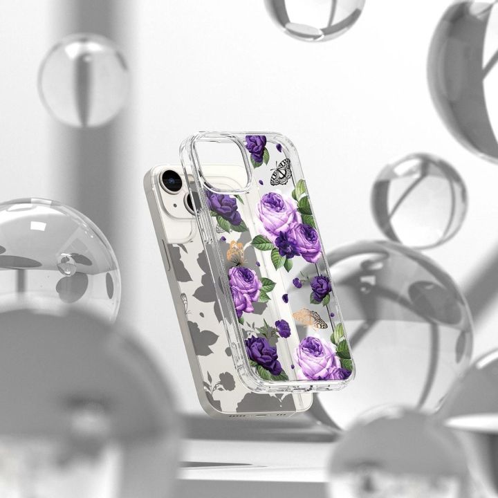 Ringke Fusion Design šarvuotas dėklas su geliniu rėmeliu iPhone 14 Plus , skaidrus (Purple rose) (FD637E29)