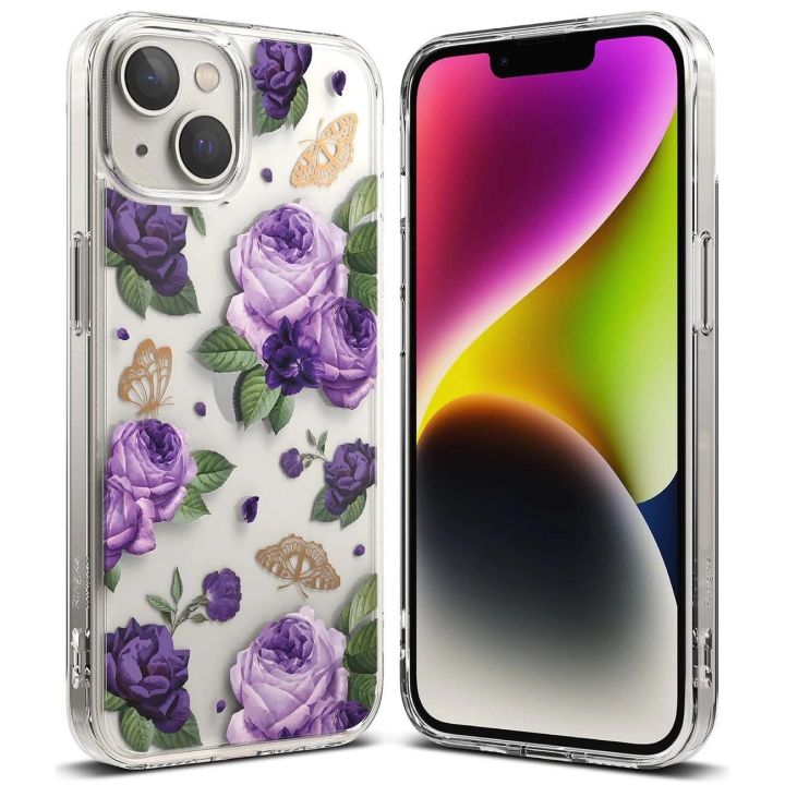 Ringke Fusion Design šarvuotas dėklas su geliniu rėmeliu iPhone 14 Plus , skaidrus (Purple rose) (FD637E29)