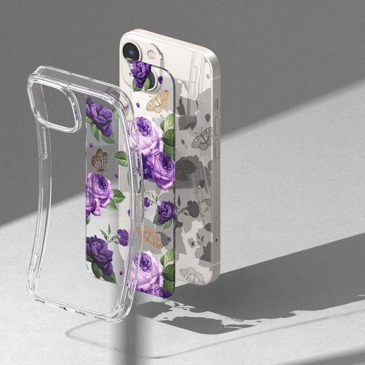 Ringke Fusion Design šarvuotas dėklas su geliniu rėmeliu iPhone 14 Plus , skaidrus (Purple rose) (FD637E29)