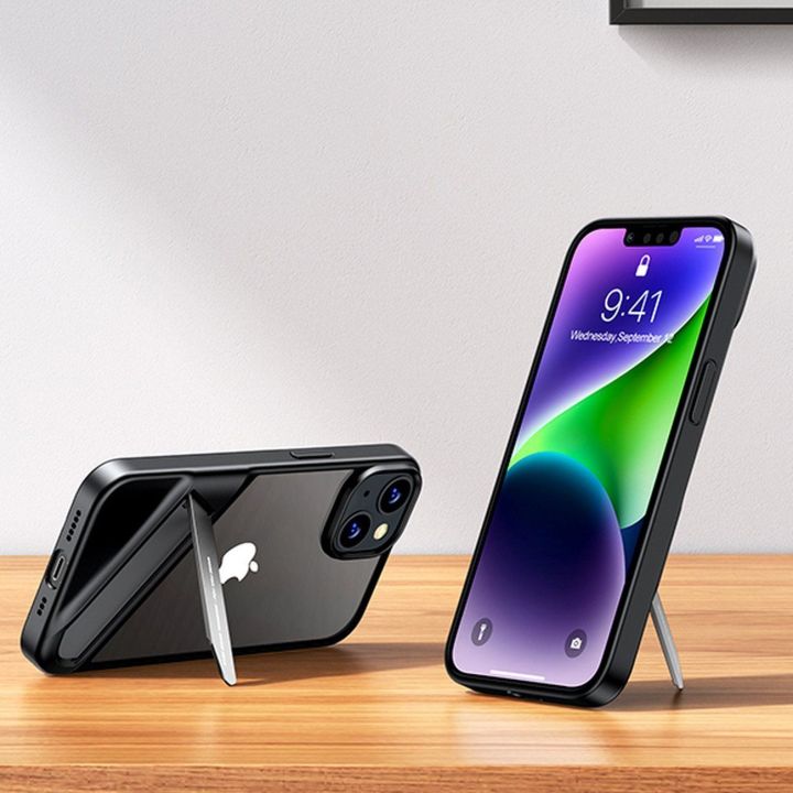 LP634 Kickstand apsauginis dėklas standus dėklas su geliniu rėmeliu ir integruotu stovu, skirtas iPhone 14 Plus (90925)