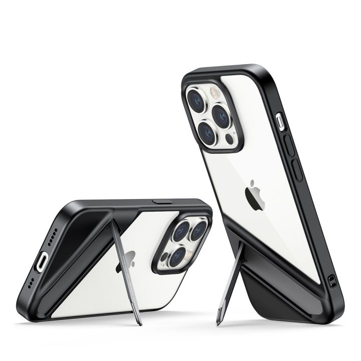 LP635 Kickstand apsauginis dėklas standus dėklas su geliniu rėmeliu ir integruotu stovu, skirtas iPhone 14 Pro , juodas (90926)