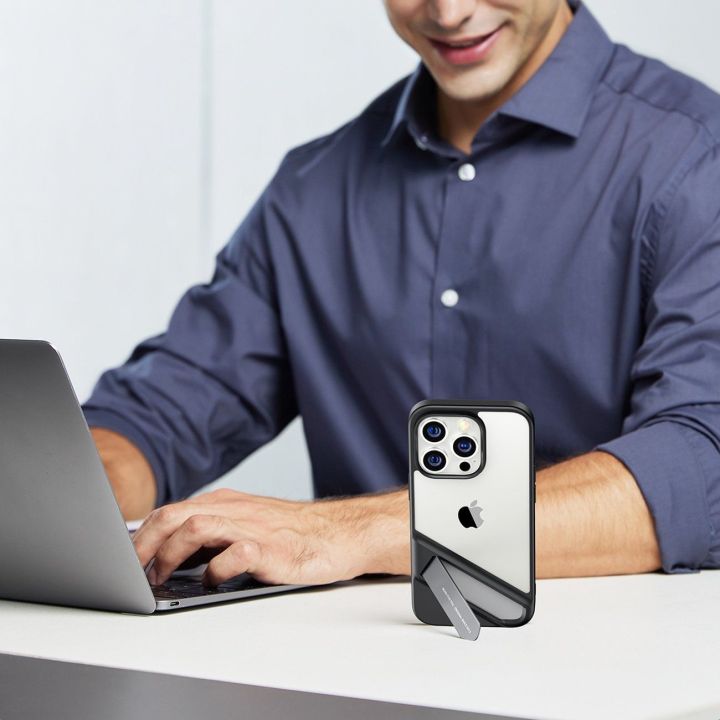 LP635 Kickstand apsauginis dėklas standus dėklas su geliniu rėmeliu ir integruotu stovu, skirtas iPhone 14 Pro , juodas (90926)