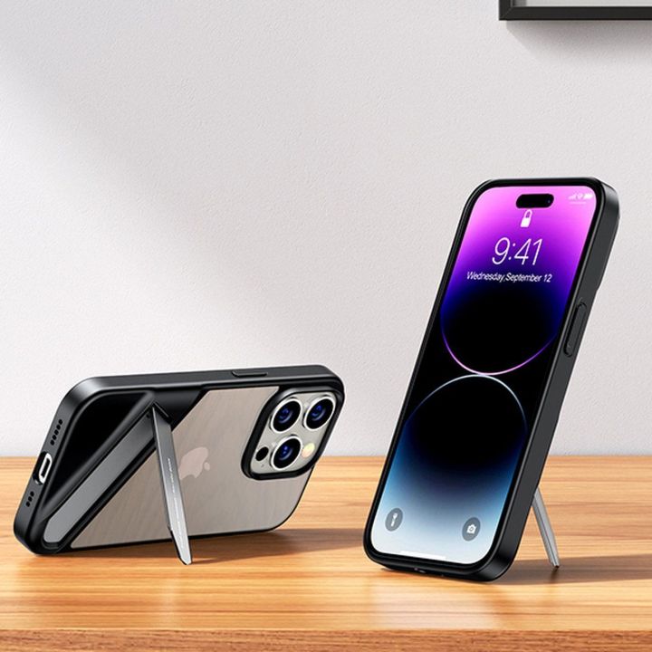 LP635 Kickstand apsauginis dėklas standus dėklas su geliniu rėmeliu ir integruotu stovu, skirtas iPhone 14 Pro , juodas (90926)