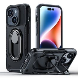 Dual Hinge iPhone 14 Plus šarvuotas dėklas su stovo žiedo laikikliu juodas