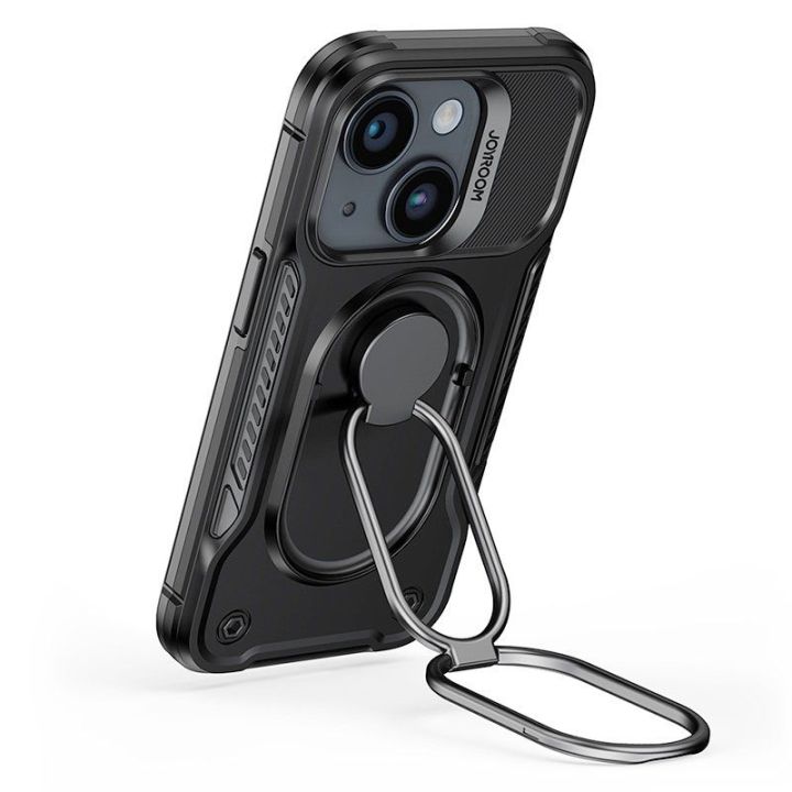 Dual Hinge iPhone 14 Plus šarvuotas dėklas su stovo žiedo laikikliu juodas