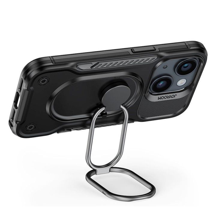 Dual Hinge iPhone 14 Plus šarvuotas dėklas su stovo žiedo laikikliu juodas