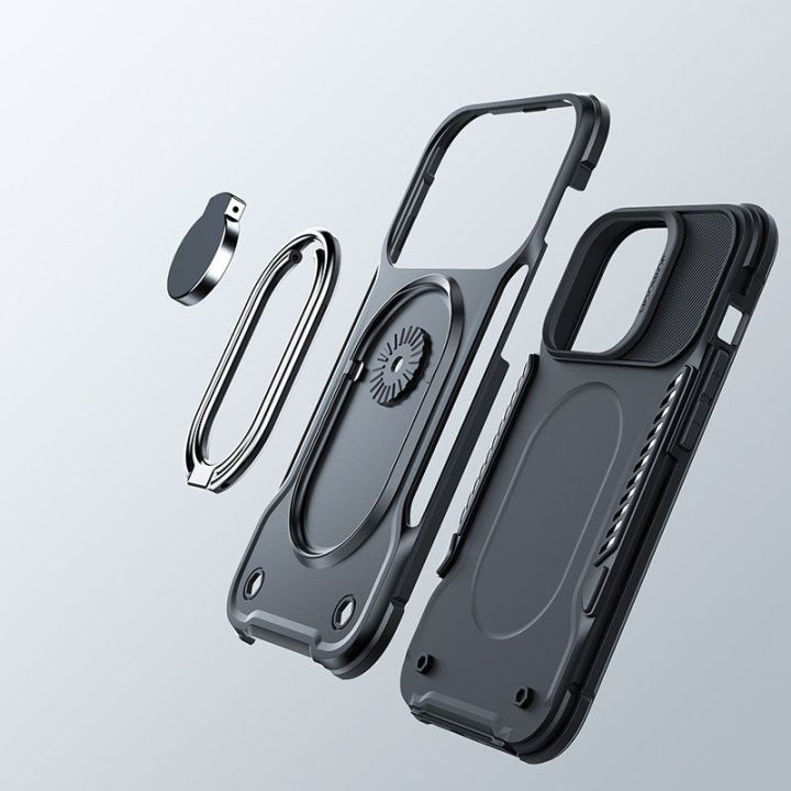 Dual Hinge iPhone 14 Plus šarvuotas dėklas su stovo žiedo laikikliu juodas