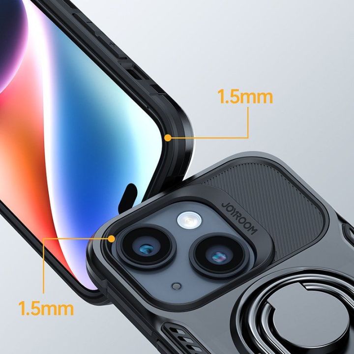 Dual Hinge iPhone 14 Plus šarvuotas dėklas su stovo žiedo laikikliu juodas