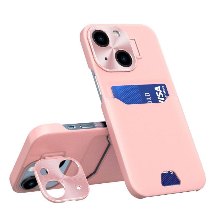 Odinis dėklas su stovu iPhone 14 Plus kortelių dėklas su stovu rožinės spalvos