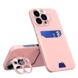 Odinis dėklas su stovu iPhone 14 Pro kortelių dėklas su stovu rožinės spalvos
